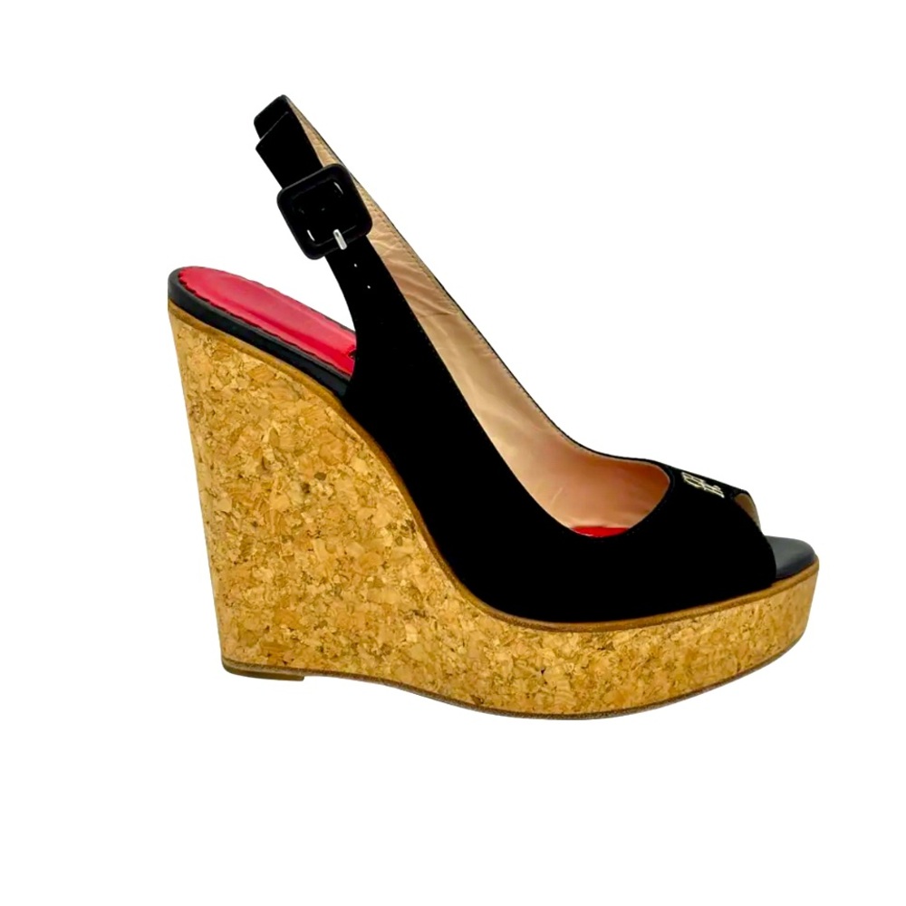 AUTHENTIC. Carolina Herrera BLACK SUEDE Wedge 100mm Ankle Strap Sling-back. - Picture 3 of 14